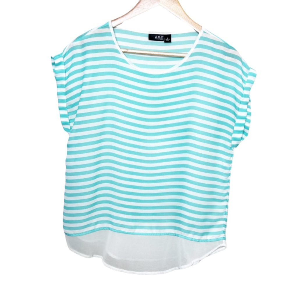Ana A New Approach Womens Striped Sheer Tunic Top Short Sleeve Overlay Size S